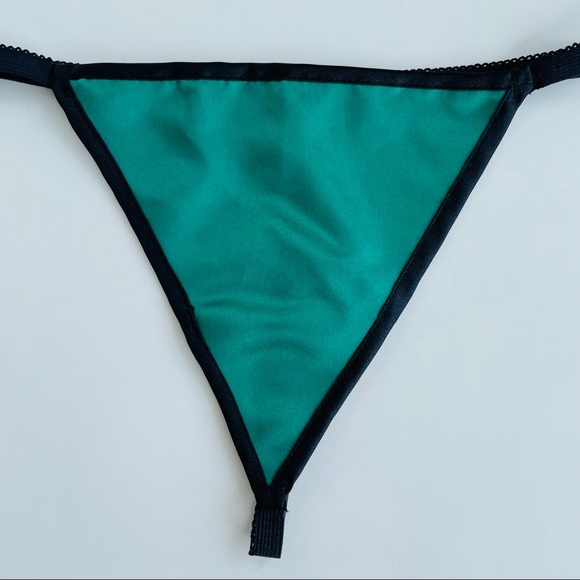 Green Satin G-String with Black Detailing - Picture 3 of 16